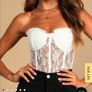 Lulus Art of Seduction White Lace Strapless Corset Boysuit.